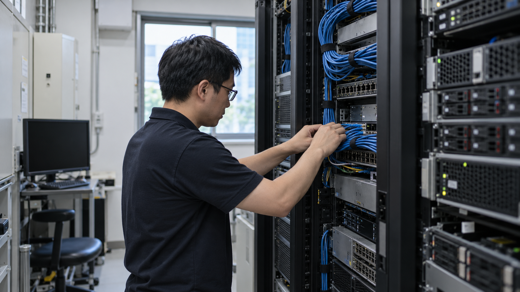 企業機房中的伺服器機櫃與整齊網路線