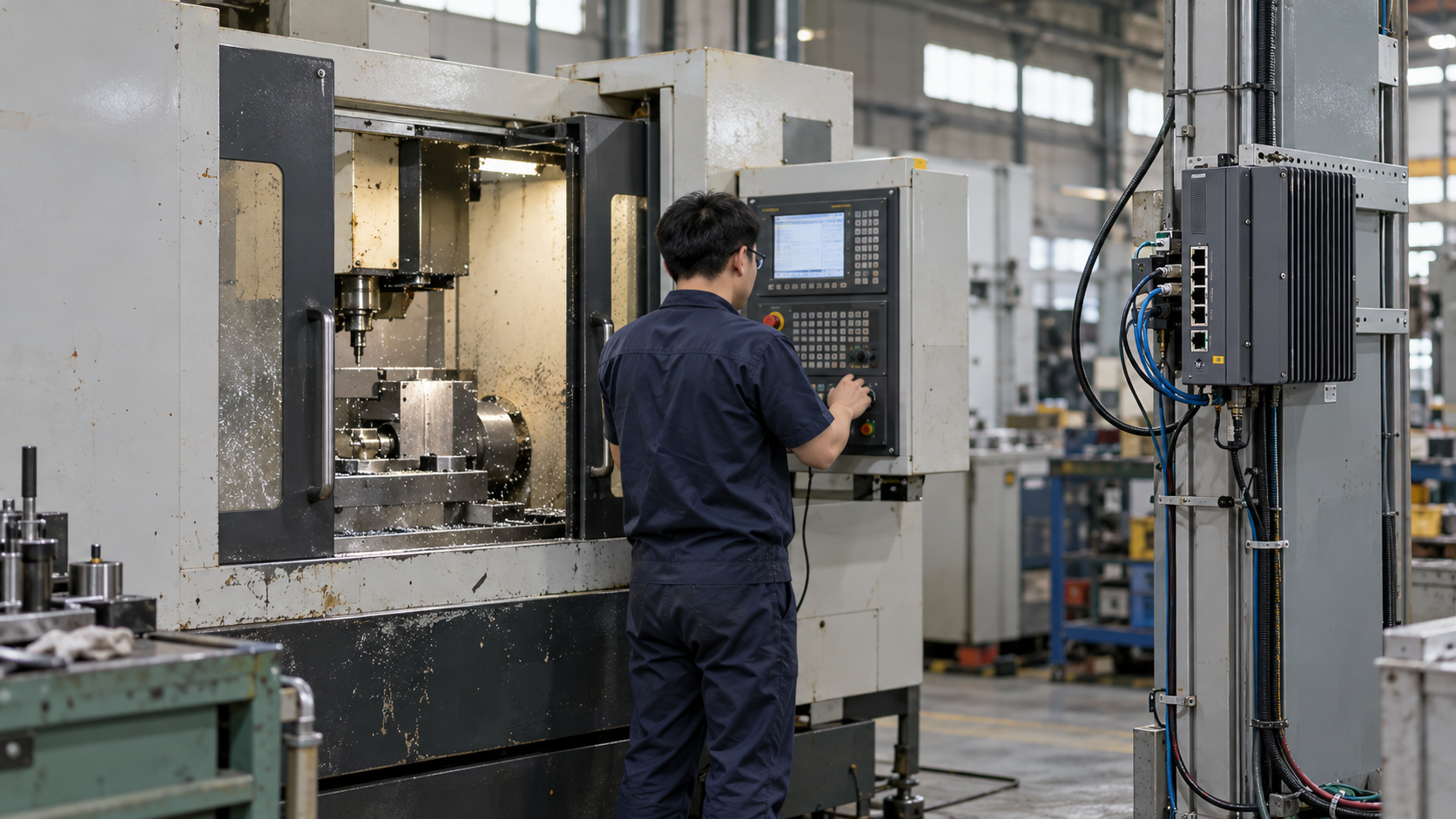 整潔的智慧工廠、CNC 機台與邊緣運算設備